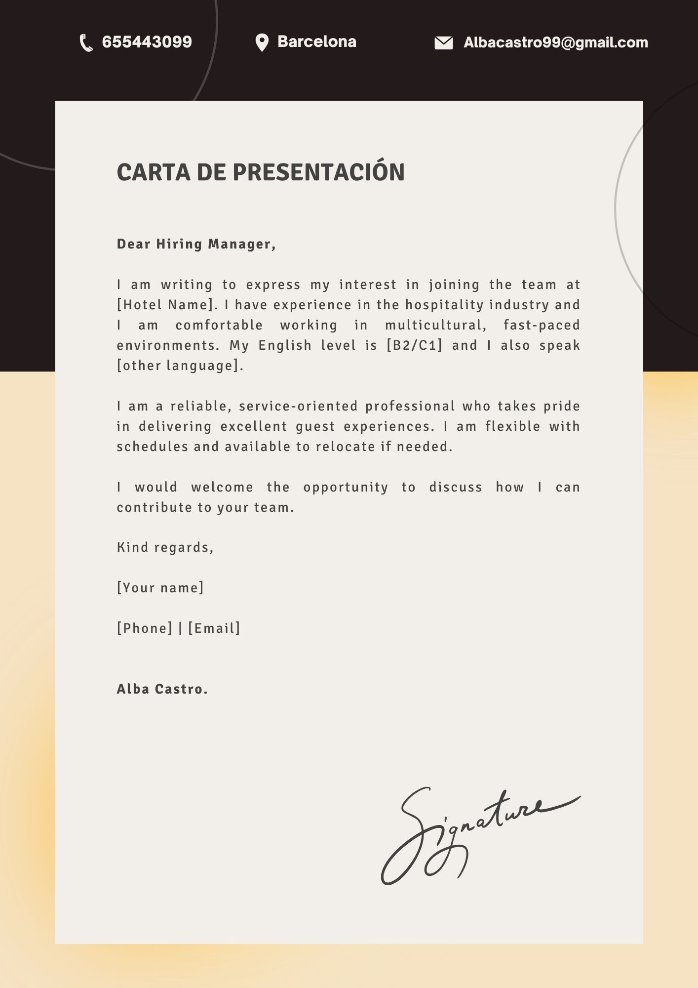 Vista previa: Carta en inglés para hotel internacional