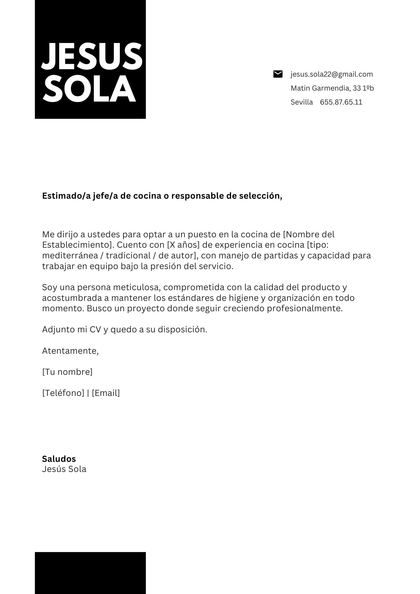 Vista previa: Carta para puesto de cocinero