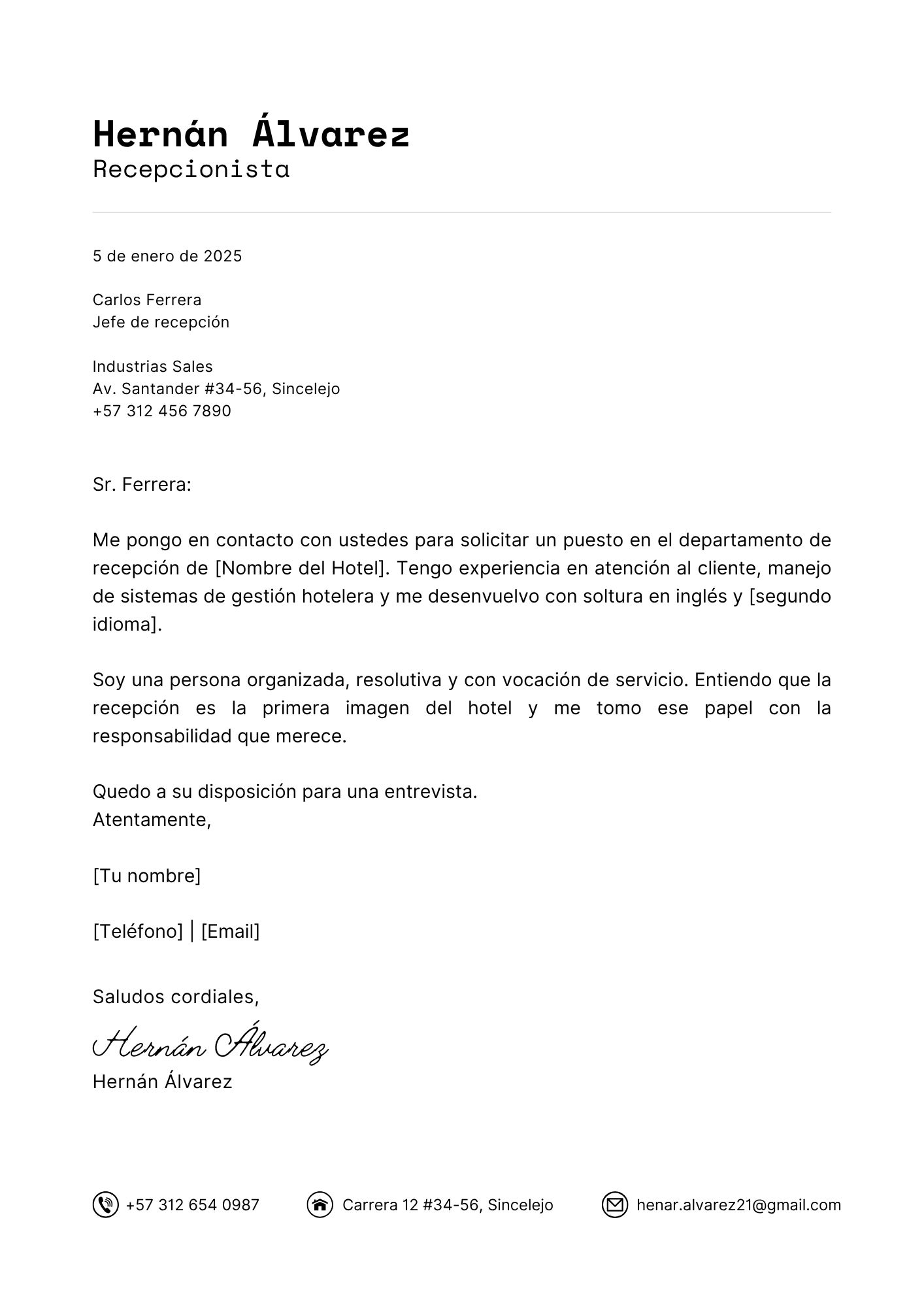 Vista previa: Carta para recepción de hotel