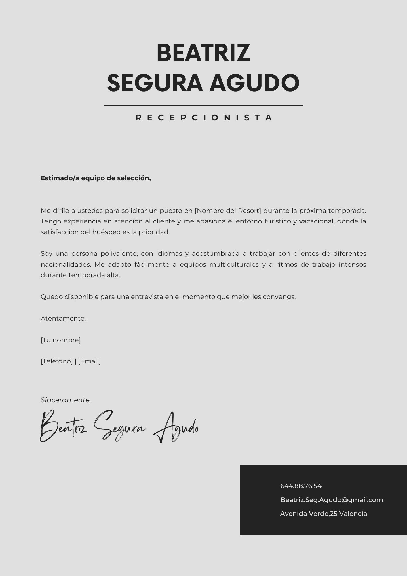 Vista previa: Carta para resort / hotel vacacional