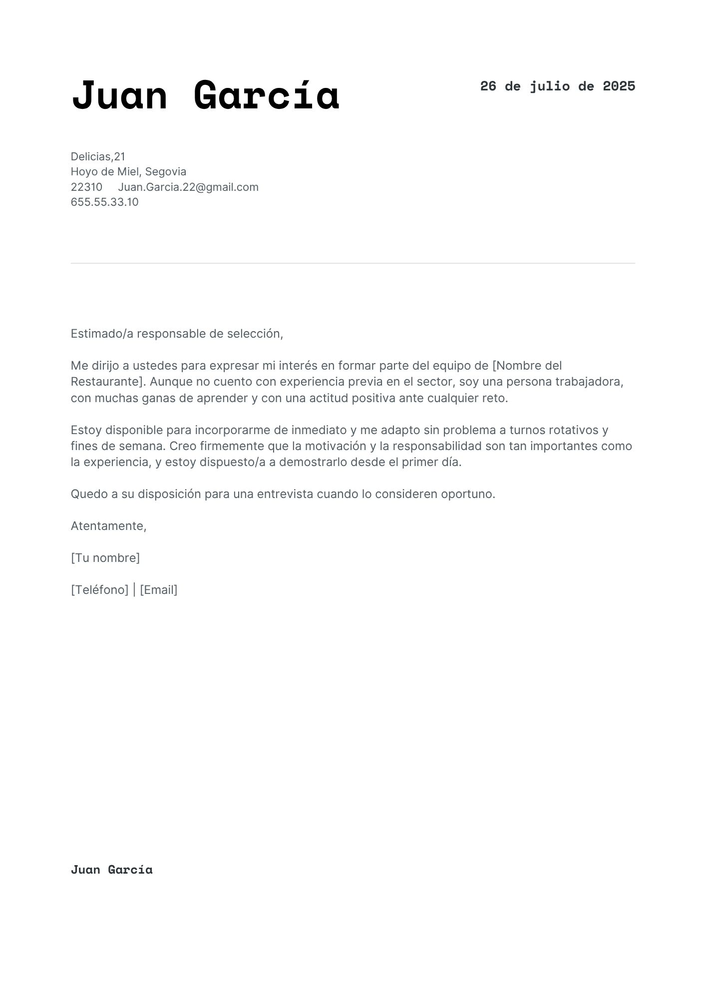 Vista previa: Carta de presentación para restaurante (sin experiencia)