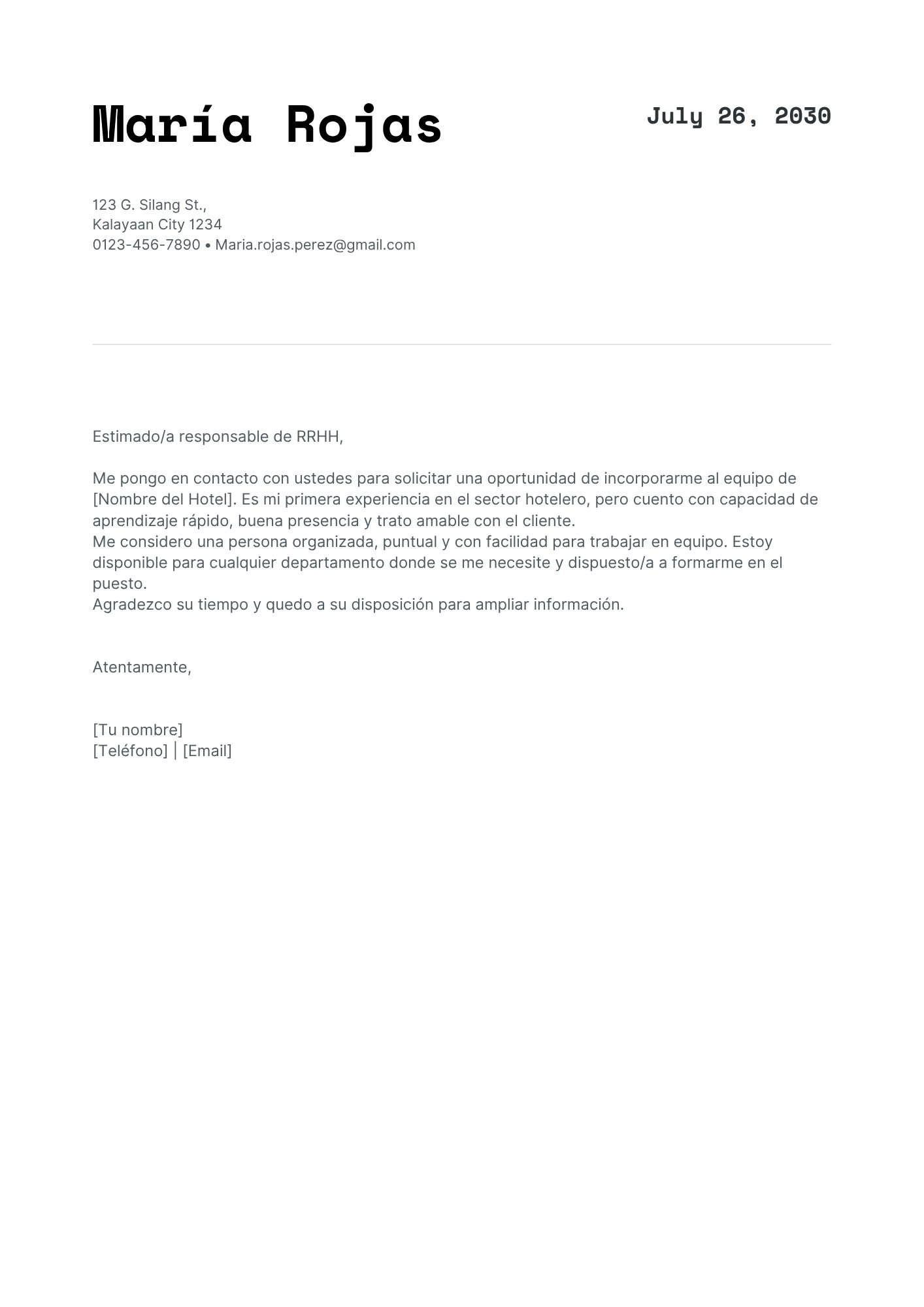 Vista previa: Carta de presentación para hotel (sin experiencia)