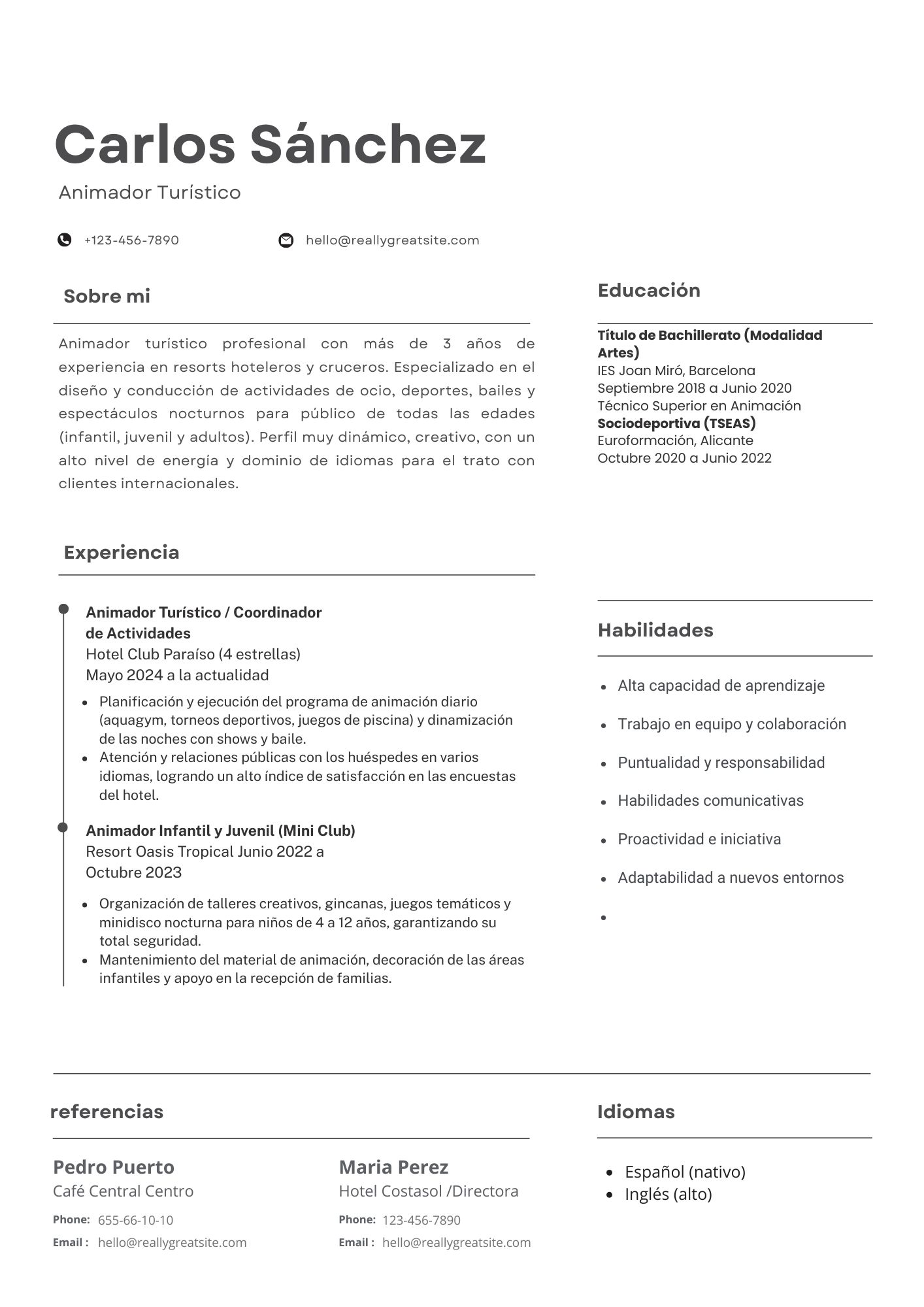 Vista previa del currículum de animador/a turístico (modelo clásico)