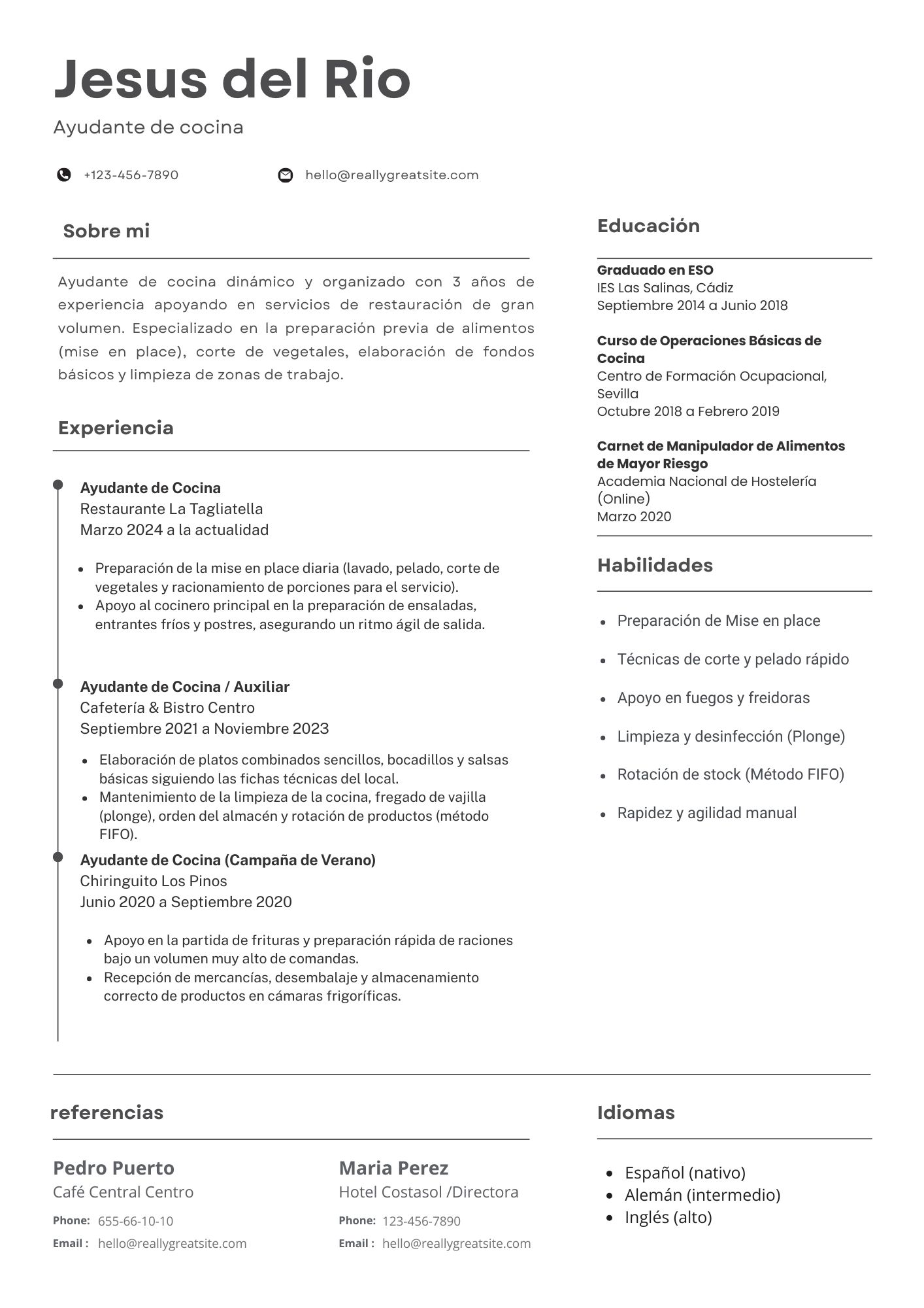 Vista previa del currículum de ayudante de cocina (modelo clásico)
