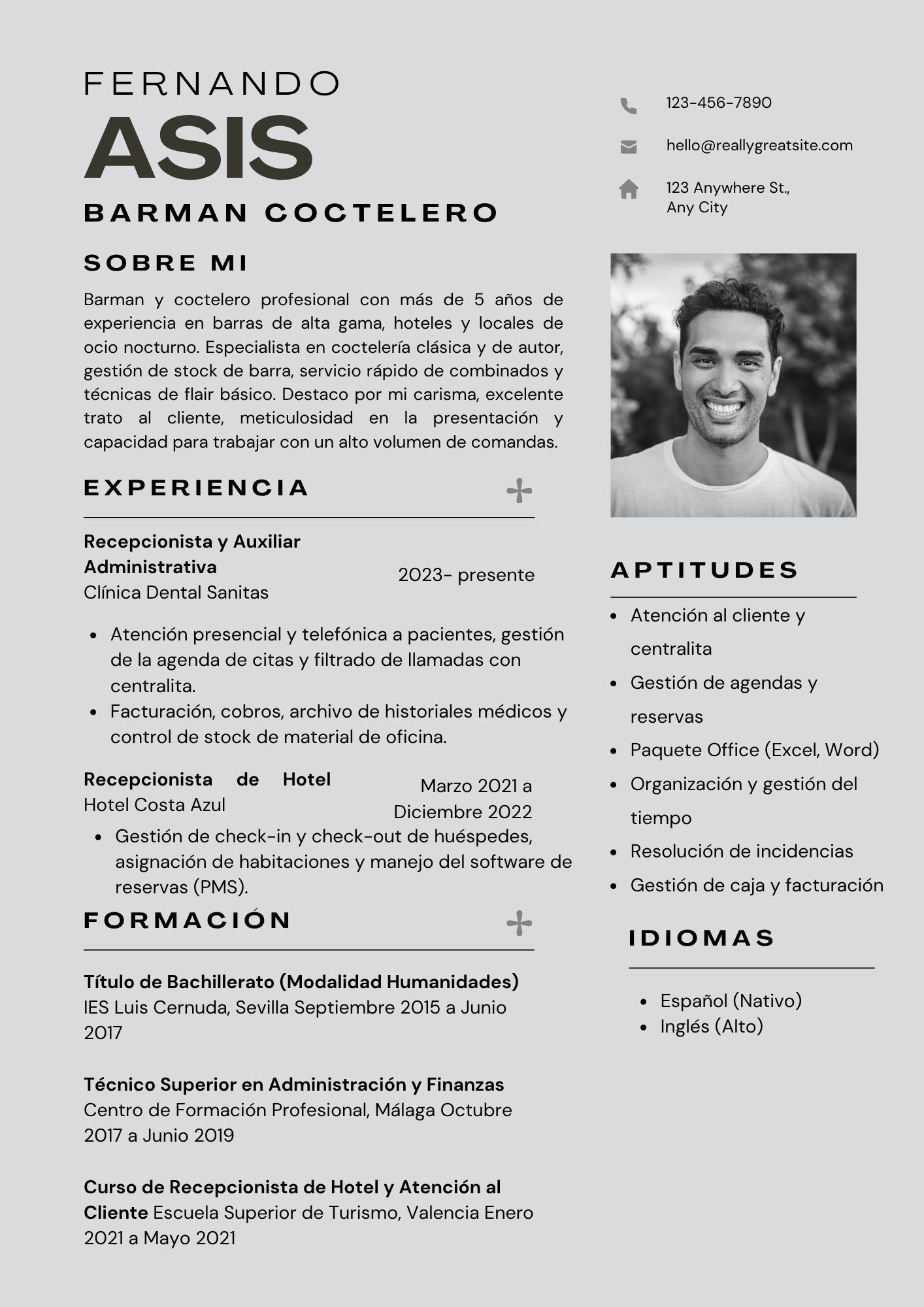 Vista previa del currículum de barman / barmaid (modelo moderno)