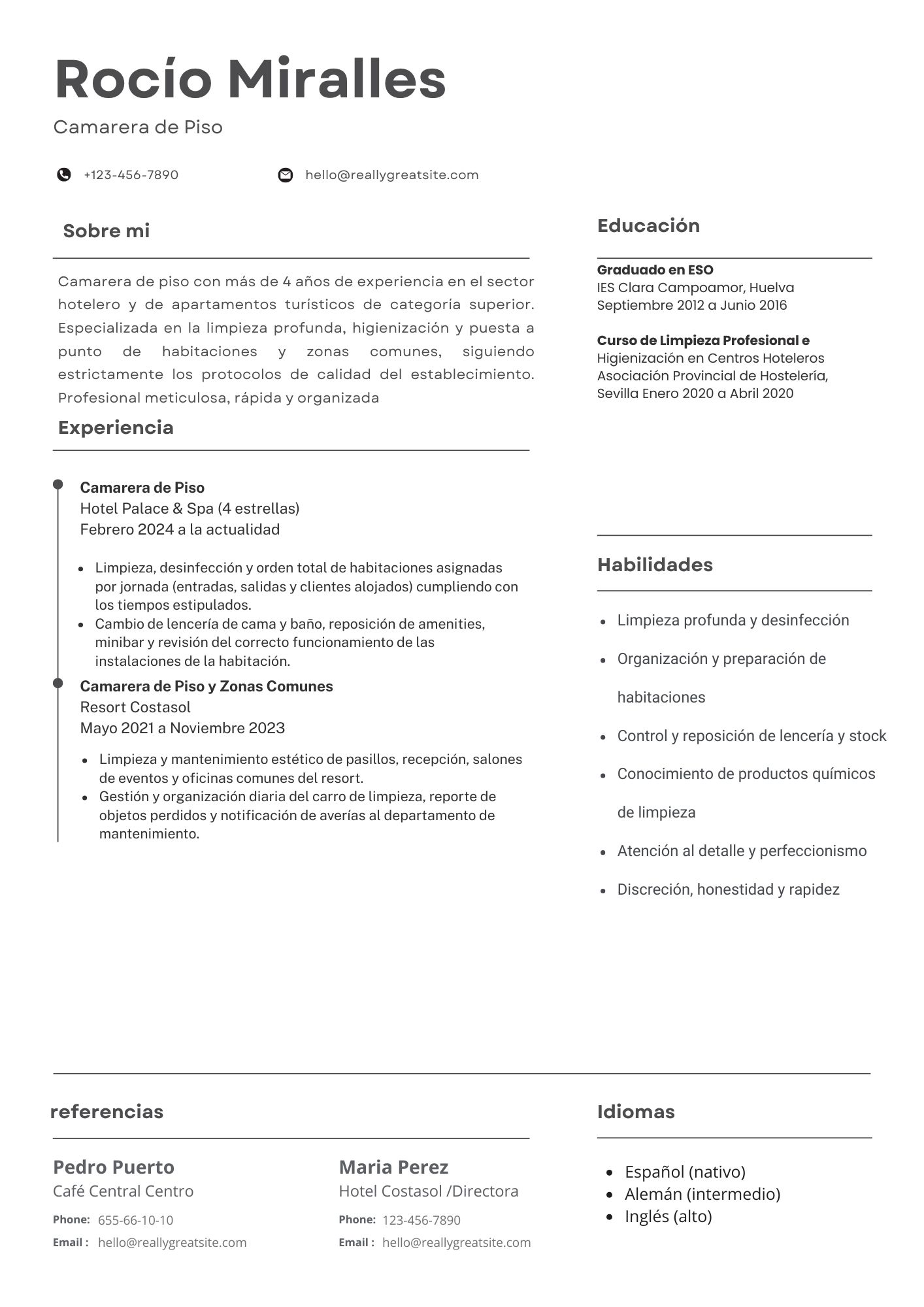 Vista previa del currículum de camarera/o de pisos (modelo clásico)