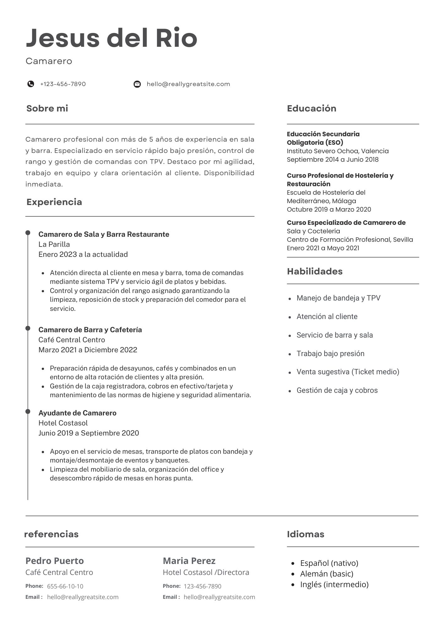 Vista previa del currículum de camarero/a (modelo clásico)