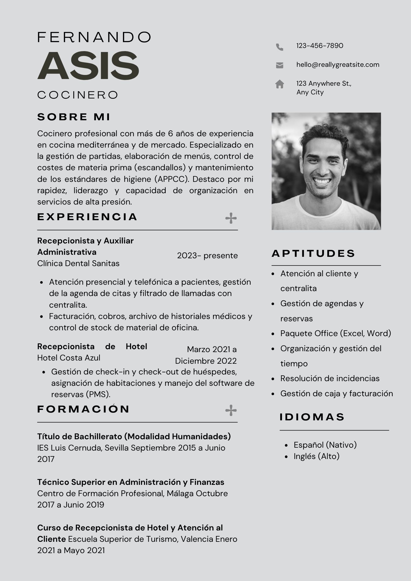 Vista previa del currículum de cocinero/a (modelo moderno)
