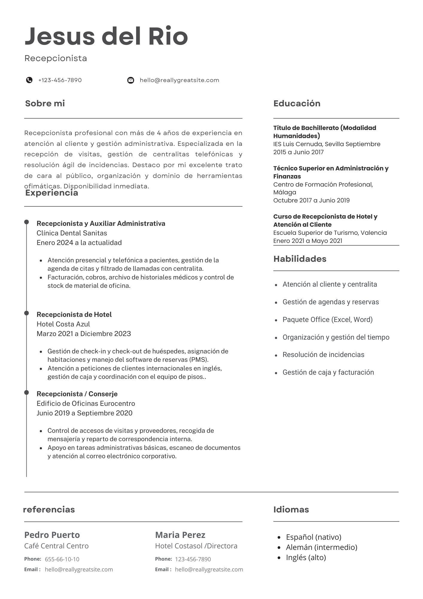 Vista previa del currículum de recepcionista de hotel (modelo clásico)