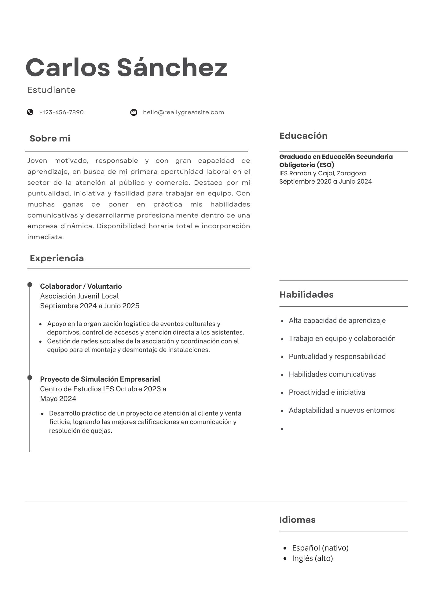 Vista previa del currículum sin experiencia para hostelería (modelo clásico)
