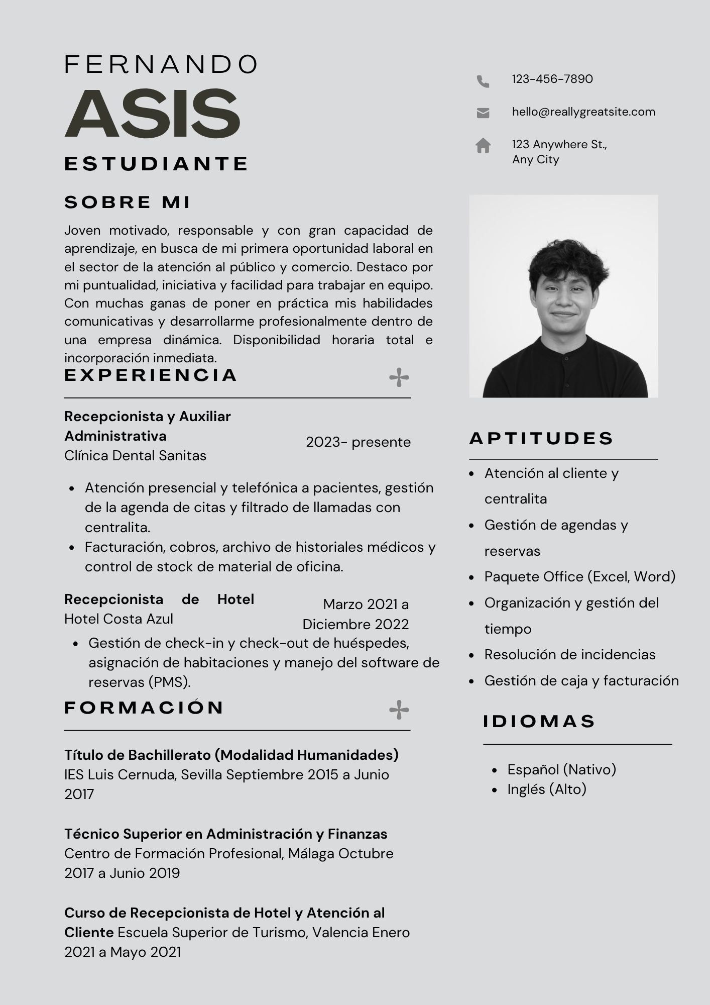 Vista previa del currículum sin experiencia para hostelería (modelo moderno)