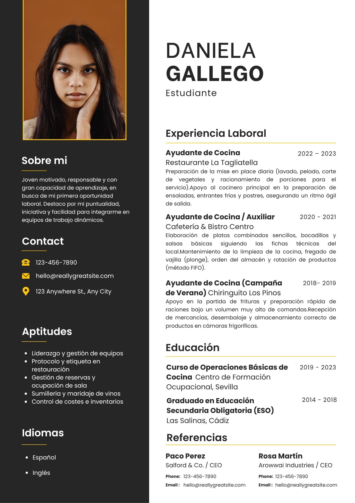 Vista previa del currículum sin experiencia para hostelería (modelo moderno 2)